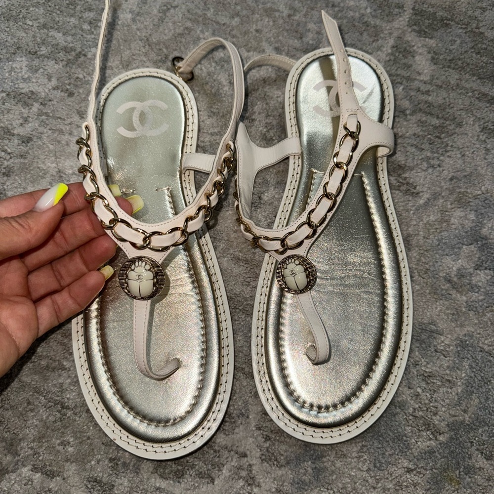 Authentic Chanel White and Silver Women's Sandals like new